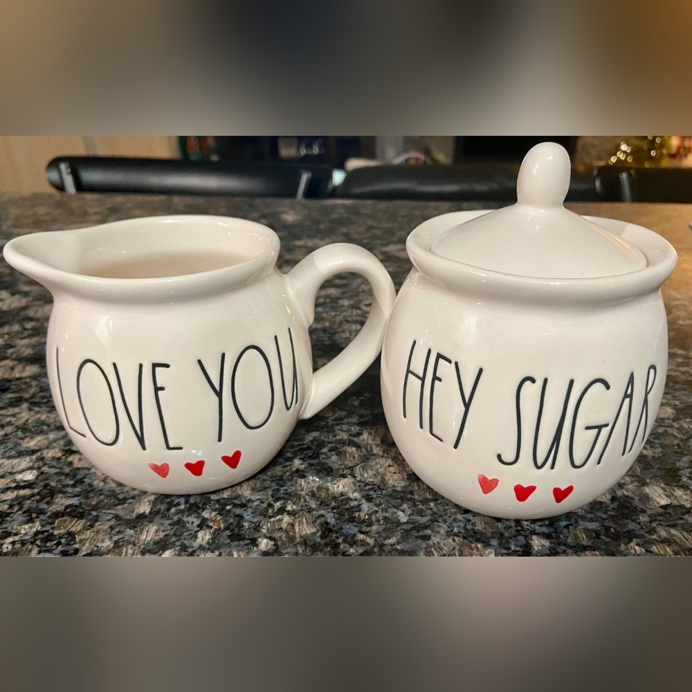 ISO: RAE DUNN WATERCOLOR HEART SUGAR BOWL SET - HEY SUGAR /LOVE YOU - ISO